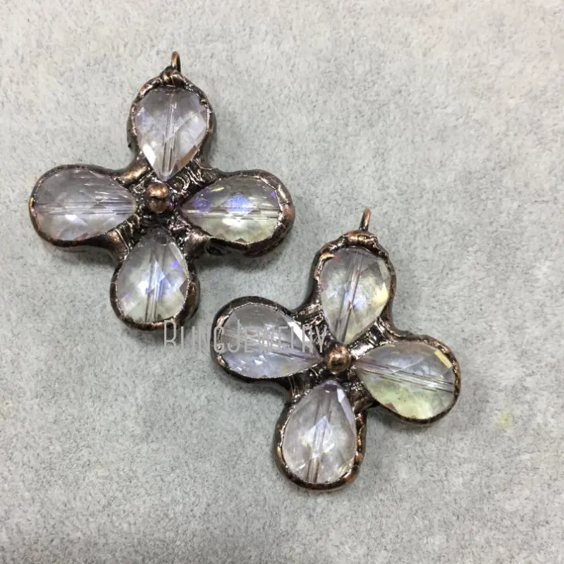 Pm40127 Ciondolo Croce In Quarzo Trasparente Placcato Rame Rustico Aurora Borealis Briolett Bohemian Metalwork Pendan