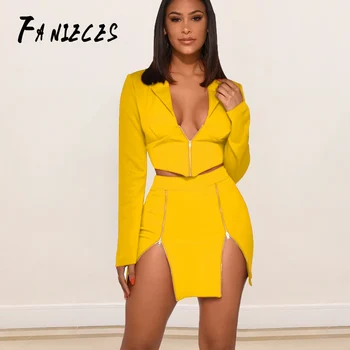 

Bodycon 2 Two Piece Set Women Zip Up Top short jacket and Skirt Matching Sets ins Fashion Sexy Party Club Outfits for Ladies