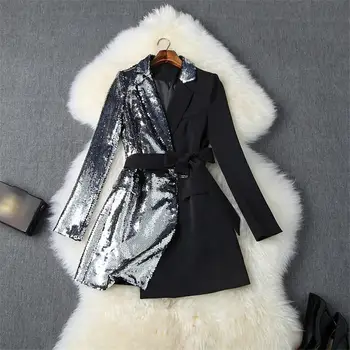 

Autumn Luxury Office Blazer Suits Runway Blazers Patchwork Women Long Sleeve Sequined Color Block Party Coats