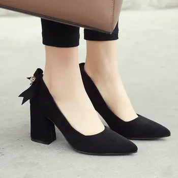 

Women's Shoes Flock Square High Heels Pumps Fashion Pointed Toe Bow Knot Dress Shoes Woman Beige Pink Black