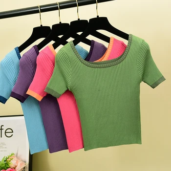 

Casual Chic Crop Sweater Women Slim O Neck Short Sleeve Short Knitted Tops New Summer Patchwork Color Pull Pullover Sweaters