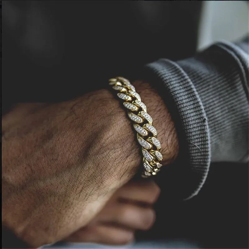 Золотой цвет Iced Out кубинские звенья цепи браслеты для мужчин Bling браслет, полностью из стразов хип-хоп рэппер ювелирные изделия