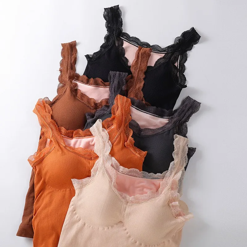

Female Bottoming Shirt With Chest Pad Women Solid Color Women Thermal Underwear Lace Warm Vest NEW
