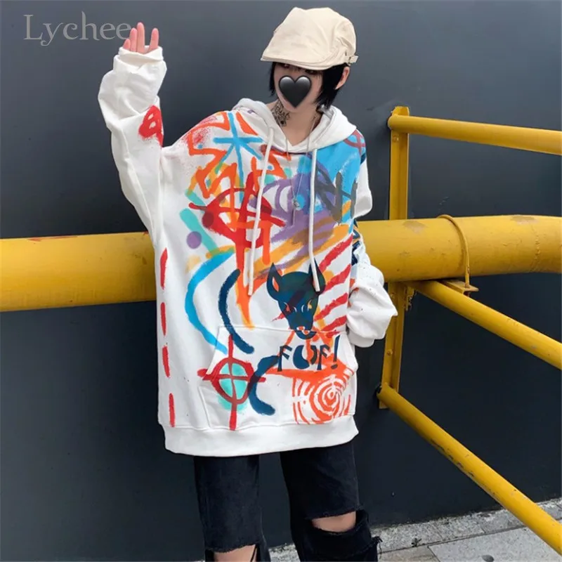 Lychee Harajuku, повседневные свободные женские толстовки, пуловер с граффити, Женская флисовая толстовка с капюшоном, осенние женские толстовки с капюшоном, топы