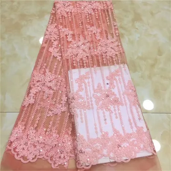 

2019 High Quality pink African Lace Fabric beads French Lace Fabric Tulle Sequins Nigerian Lace Fabric For Wedding Dress