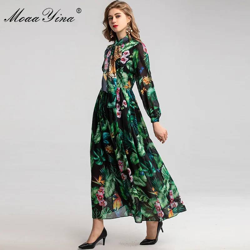 MoaaYina, модное дизайнерское платье, весна-лето, женское платье, длинный рукав, Зеленый лист, цветочный принт, платья для отпуска - Цвет: Многоцветный