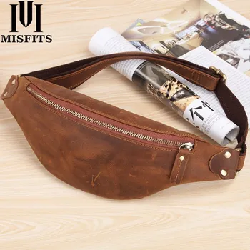 

MISFITS Men Waist Bag Genuine Cow Leather Vintage Small Fanny Pack Male Waist Pack Travel Chest Bag for Cell Phone Belt Bag Man