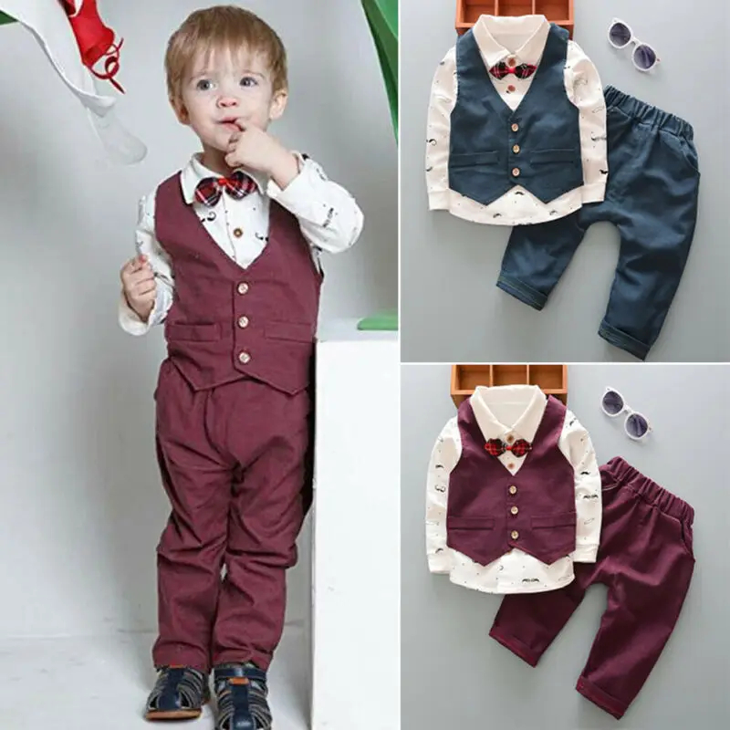 Newborn Toddler Kid Baby Boy Long Sleeve Tops uxedo Suit Shirt Waistcoat Pants Gentleman Formal Outfits Party | Детская одежда и