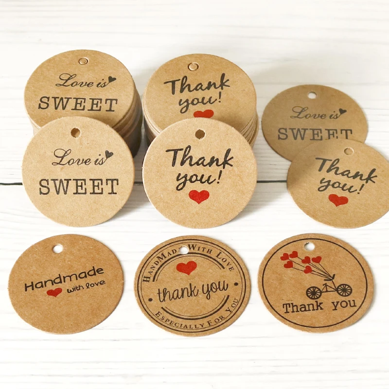 New 100pcs Handmade Round Kraft Packing Gift Tag Bow Kraft Paper Hang Tags Thank You Label Cards DIY Garment Tag Price Label images - 6