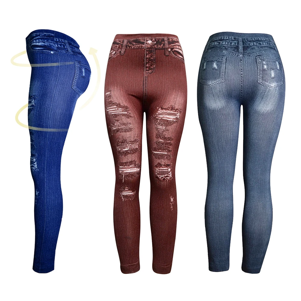 

Women's Imitation Jeans Yoga Leggings Elastic Slim Fitness Leggings Denim Jeans Hips Tights Ladies Pencil Pants Casual Trousers