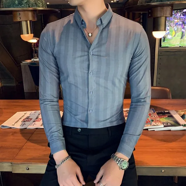 Осенне-зимняя мужская рубашка в полоску, высокое качество, мужские рубашки, приталенная повседневная мужская рубашка в полоску, рубашка-смокинг 3XL - Цвет: Синий