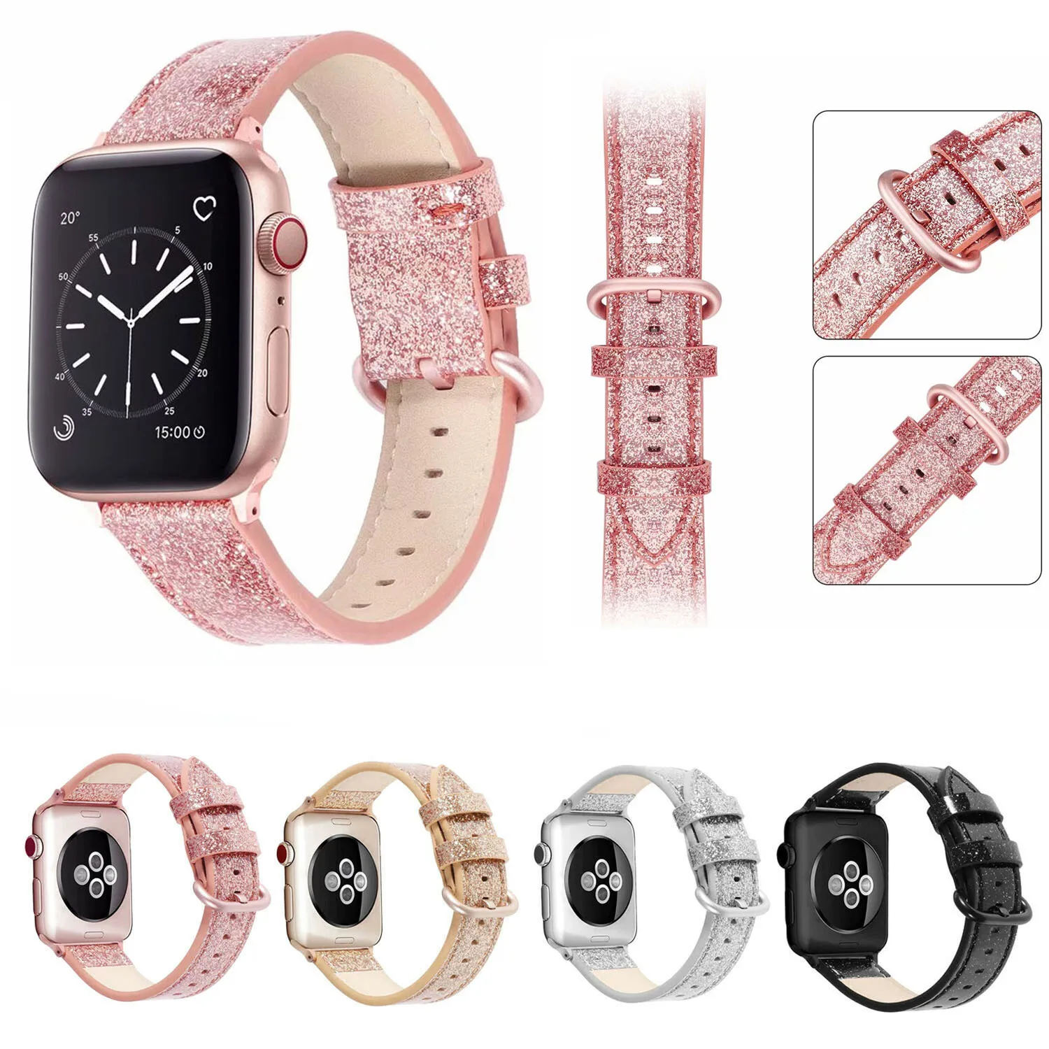 Ремешок из ПУ кожи с блестками для Apple Watch iWatch Series 1 2 3 4 5 классический браслет