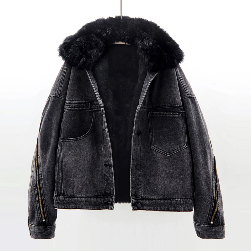 

Winter Thick Natural Fox Fur Collar Rabbit Fur Denim Jacket Women Black Blue Cowboy Outerwear Loose Short Jeans Jackets Female