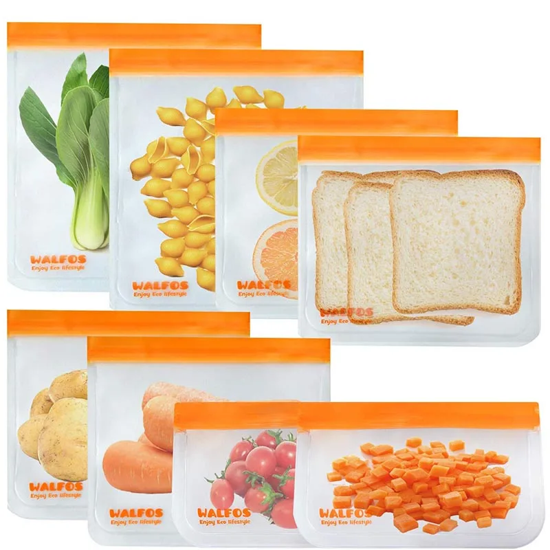 Walfos Food Storage Bag Reusable Freezer Bag Ziplock Bag Leakproof Top Silicone Bag Zero Waste Kitchen Organizer FDA BPA Free - Цвет: As shown 8 pcs