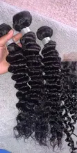 Mechones de pelo humano Remy con Perla Negra y ondas profundas, mechones de 30 pulgadas con cierre, 3 mechones