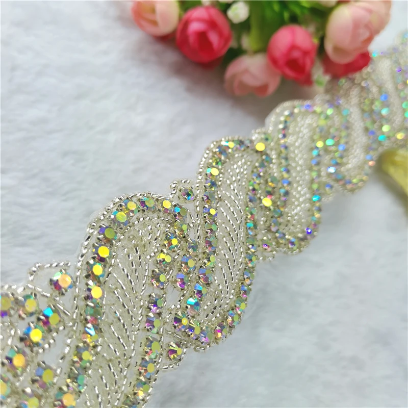 Rhinestones Crystal Dress Applique silver beaded trim wedding dress rhinestone lace Iron On Sew On Applique DIY 1 Yard sewing rhinestones glass crystal rhinestones