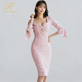 

H Han Queen Women Spring New Casual Office Party Dresses Ladies Elegant Slim Kink Folds Pencil Bodycon Dress Sexy Sheath Vestido