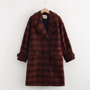 

women winter plaid woolen tweed coat 2019 fashion girls ladies pockets double-breasted buttons female warm thick long outwears
