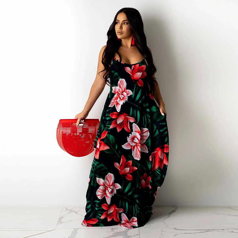

Women Floral Printed Maxi Beach Dress Sleevless Spaghetti Strap Slim Loose Long Dresses Summer Casual Holiday Sundress Vestidos