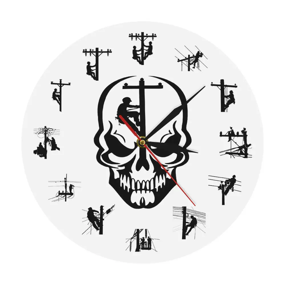

Linemen Worker Climbing Pole Restoring Power Silhouette Wall Clock Skull Decorative Clock Retired Journeyman Electrician Gift