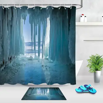

Mysterious Glacier Cave Pattern Shower Curtain Bathroom Polyester Waterproof Fabric Bathtub Decoration 12 Hooks and Bath Doormat