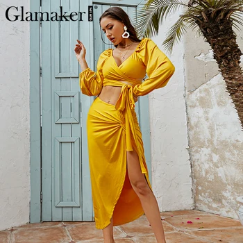 Glamaker Two piece suits Ruffles bandge top and high split sexy skirts Women spring summer yellow sets dress fashion 2021 new 1