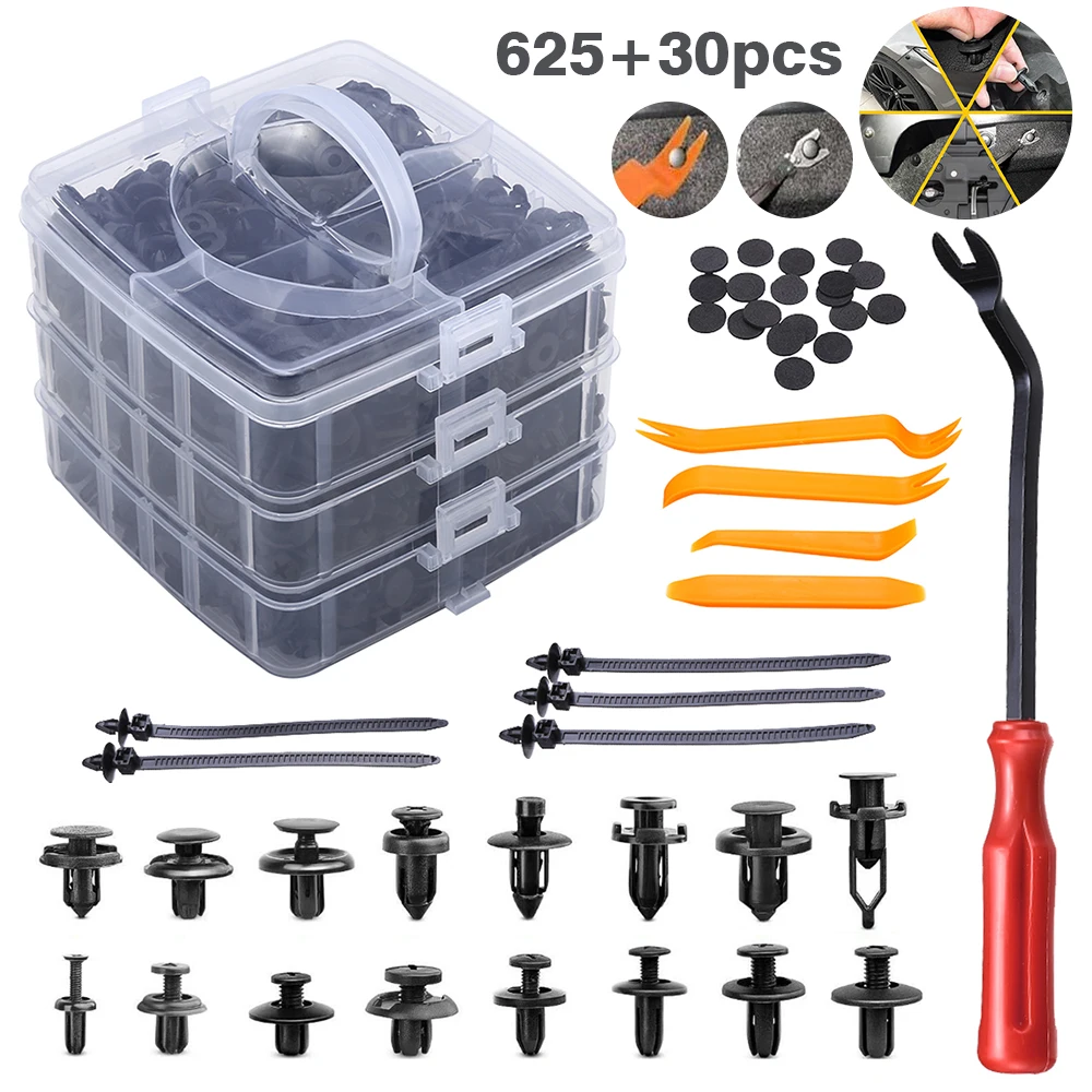

655Pcs Car Truck Bus Train Retainer Clips Fasteners Push Trim Clip Pin Rivet Bumper Kit with Panel Removal Tool