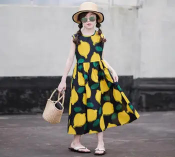 

children dress teenage girls lemon print beach sleeveless dress kids clothing wholesale