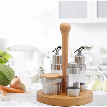 

5Pcs Wooden Holder for Kitchen Cooking Tool Metal Cruet Condiment Spice Pepper Jar Box Seasoning Storage Container Pot Rack Set