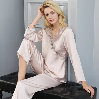 

weight women's silk pajamas two piece set embroidered spring and summer long sleeve 100% silkworm silk home clothes