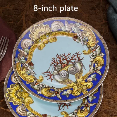 Роскошный голубой океан костяного фарфора тарелки Западный клуб высококлассные Сердце моря Керамическая Посуда декоративная тарелка - Цвет: 8 inch plate