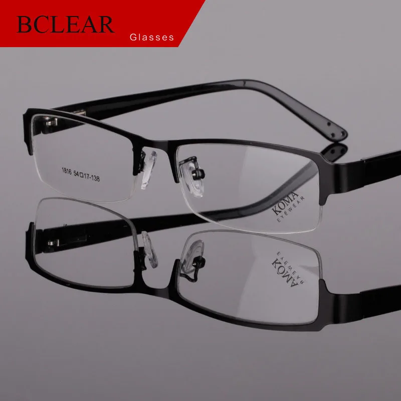 BCLEAR Classic Half-Rim Alloy Eyeglasses Frame Brand Designer Business Men Frame Spectacle Glasses Spring Hinge On Acetate Legs