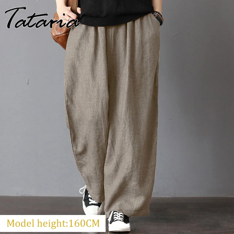 Pantalones de cintura elástica para mujer, pantalón gris de algodón, de talla grande, caqui, informal, holgado, hasta el tobillo, elegante, 5XL