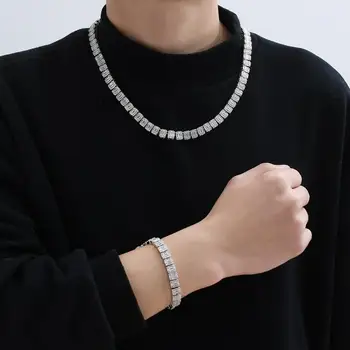 

9mm Bling Cubic Zirconia Necklace White Square Baguette Cluster Hiphop Chains Necklaces Bracelet Fashion Men Iced Jewelry