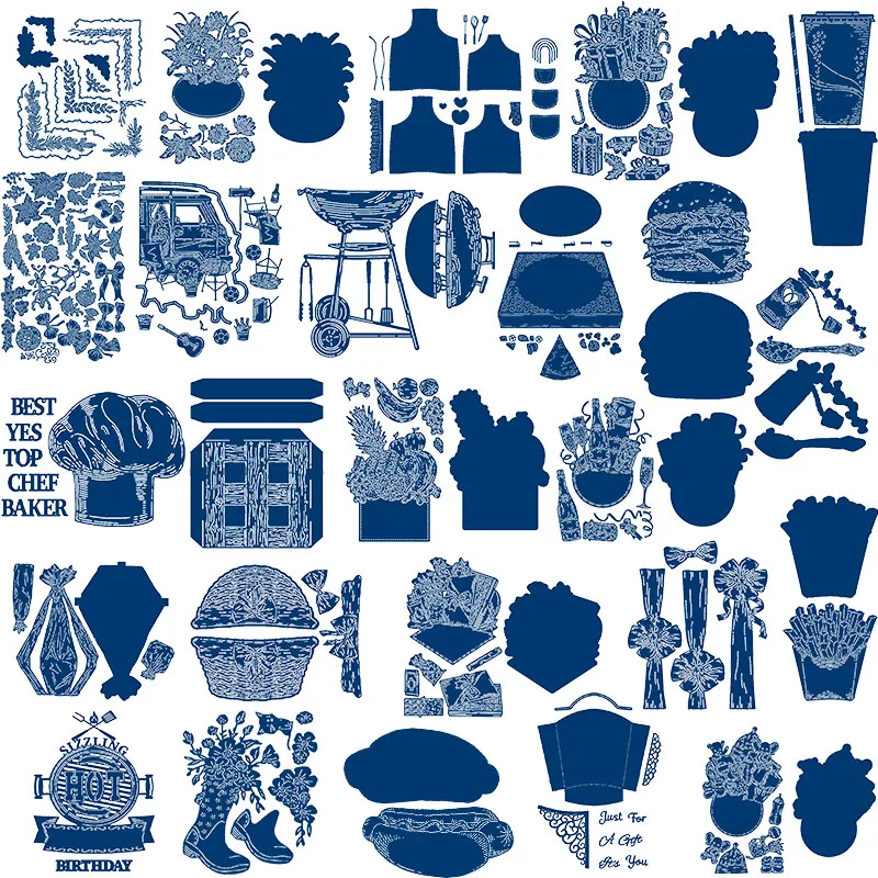 

Chocolate Treats Pizza Burger Basket Chefs Hat BBQ Milkshake Metal Cutting Dies For DIY Scrarpbooking Embossing Card Craft 2019