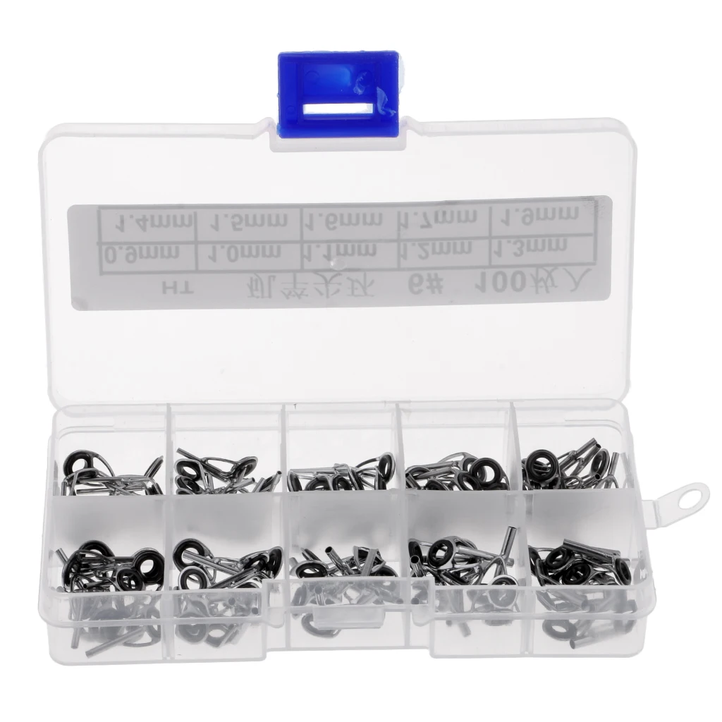 100Pcs/box Stainless Steel Fishing Rod Guides Eye Rings Pole Tip Repair Kit 10 Sizes