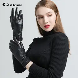 Gours из натуральной кожи перчатки для Для женщин модные черные козья перчатки на подкладе шерсть теплые зимние вышивкой Новое поступление