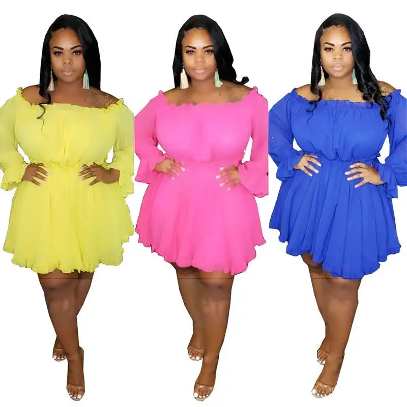Autumn Plus Size Dress Women Long Petal Sleeve Slash Sexy Dress Sexy