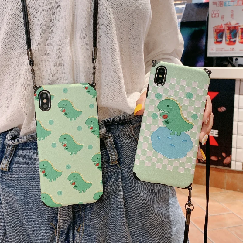 

Cute Cartoon dinosaur Lanyard crossbody Phone Case For iphone Xs Max Xr X 7 8 6 Plus cover Shoulder Strap Soft Silicon Phone Bag