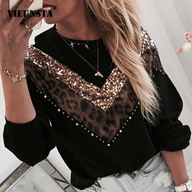 Kaufen Frauen Pailletten Lippen Druck Modische Sweatshirt Herbst Leopard Langarm Perlen Hoodie Dame Oansatz Kawaii Sweatshirt Hoodies