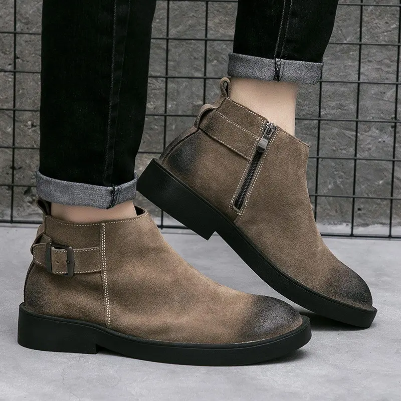 

Hot Selling Mens Motorcycle Boots Fashion Brtitish Aged Man Black Short Ankle Boots Back Buckle Strap Leather Leisure Shoe