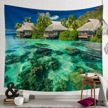 

Ins Nordic Bedroom Decoration Cloth Wall Tapestry Wall Blanket Hanging Cloth Background Coconut Tree Beach Sea View