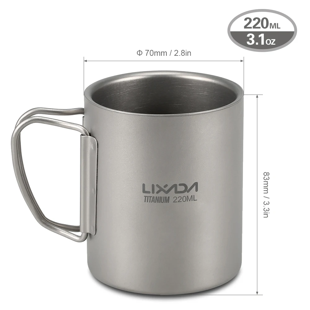 Lixada Titanium Doublet Wall Tea Cup Tableware Outdoor Camping Picnic Cup Water Coffee Tea Cup Mug Foldable Handle 220ml/450ml - Цвет: 220ml Storage Sack