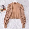 Woherb White Solid Puff Long Sleeve Blouse Women Tops Office Lady Spring Summer O-Neck Elegant Knitted Slim-fit Shirt Blouses ► Photo 3/6