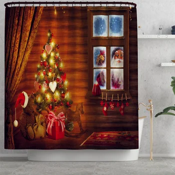 

Christmas Tree Print Shower Curtain For Bathroom Decor Polyester Fabric Bathtub Curtain With Hooks Mildew Resistant Waterproof