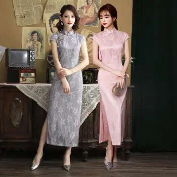 

New Arrival Vintage Print Flower Lace Cheongsam Bride Wedding Dress Gown Mandarin Collar Autumn Sexy Long Elegant Qipao