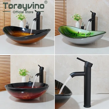 

Bathroom Basin Sink Set Hand Painted Glass Basin Sink Countertop Basin Faucet Set Washbasin Sink Round Bowl Bathroom Faucet