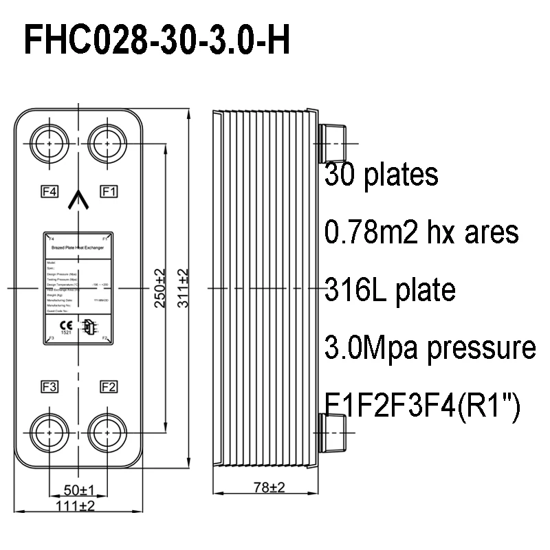 0.78m2 Heat Transfer Areas 30 Plates 316L Stainless Steel Customized Brazed Plate Heat Exchanger with R1" Fitting