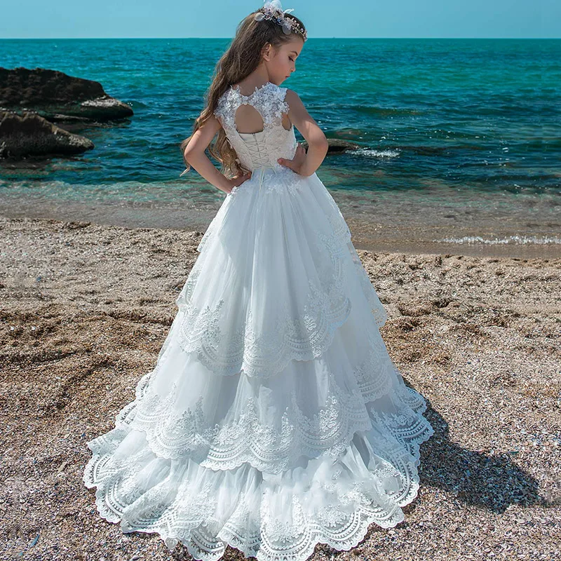 Г. Белые Платья с цветочным узором для девочек на свадьбу, ТРАПЕЦИЕВИДНОЕ фатиновое кружево с аппликацией из жемчуга, длинные платья для первого причастия для маленьких девочек