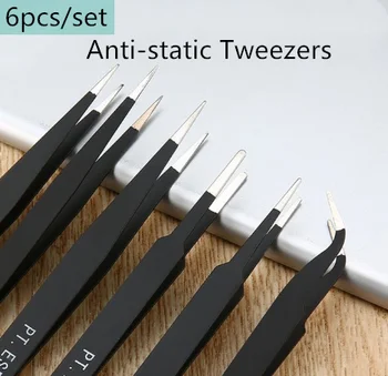 

6pcs/set Portable Resists Corrosion Anti-static Tweezers For Repairing Electronic Maintenance Tools Black Portable Size